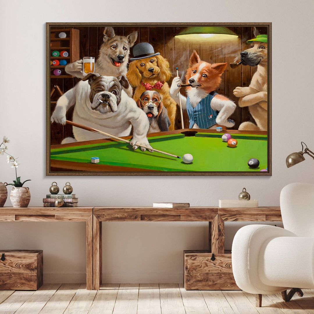 Dogs Playing Pool Canvas Wall Art: This artwork depicts a room where dogs are engaged in a game of pool. One dog is poised to cue while others observe the scene.