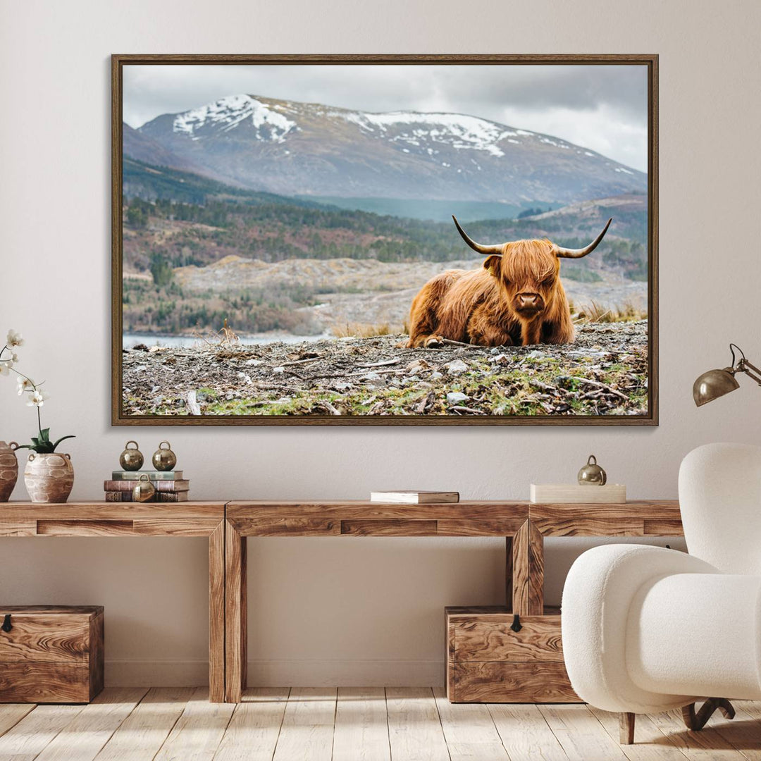 Highland Cow Horn Farm Wall Art Canvas Print is displayed against a wooden wall featuring a mountainous backdrop.