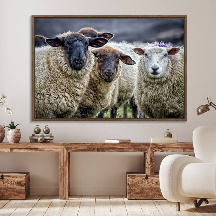 The Charming Sheep Portrait Wall Art hangs on a wooden wall.