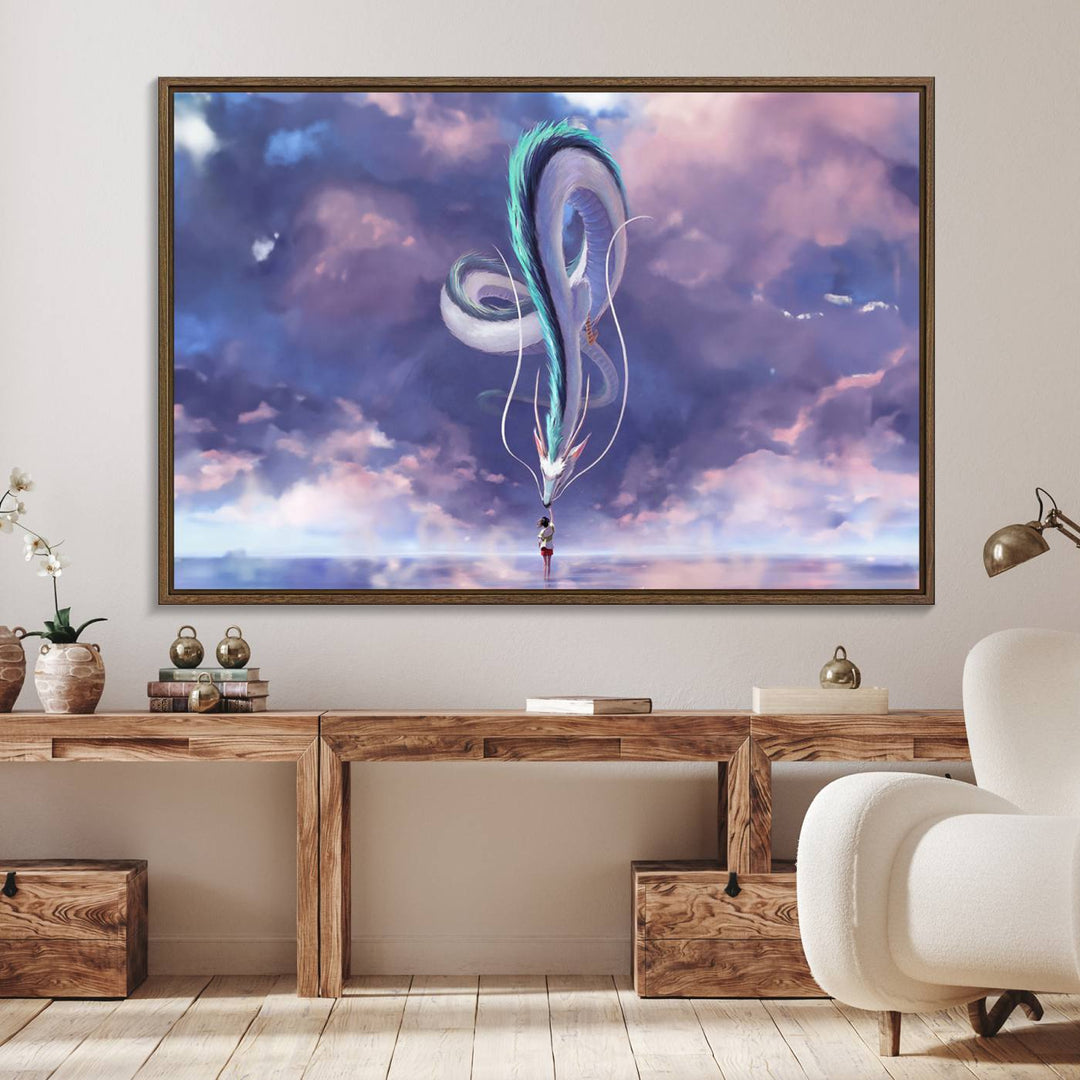 The Spirited Away Haku and Chihiro poster captures a cherished scene for anime lovers under a colorful, cloudy sky.