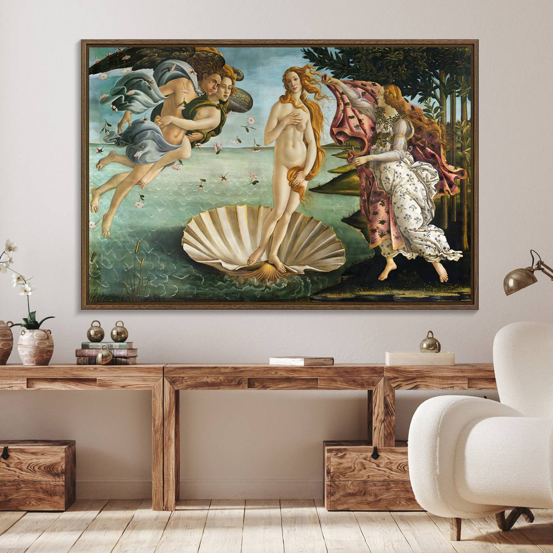 A canvas print of Botticellis The Birth of Venus is displayed on the wall.