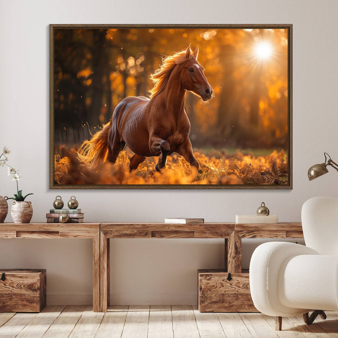 The Running Horse Sunset Forest Wall Art Canvas Print showcases a gallop in an autumn forest with sunlight streaming through the trees.