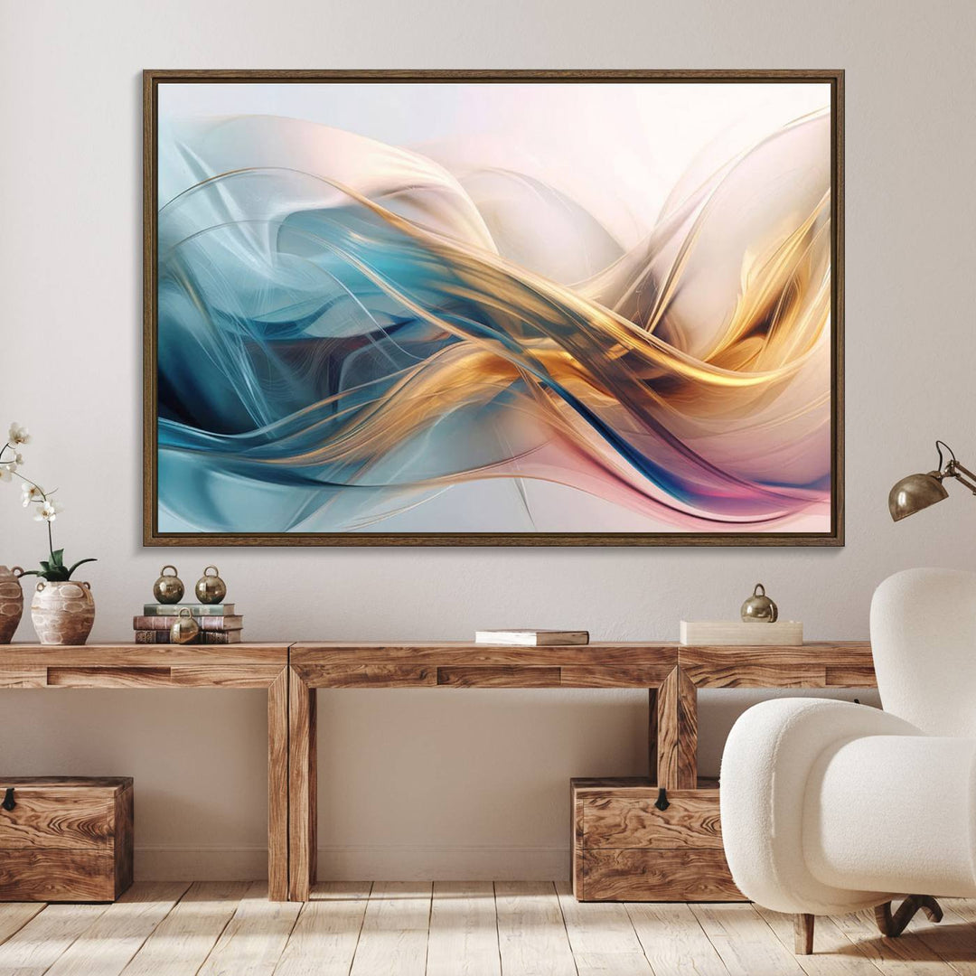 Abstract Flowing Colors Wall Art featuring blue, gold, and pink adds modern elegance to the space.