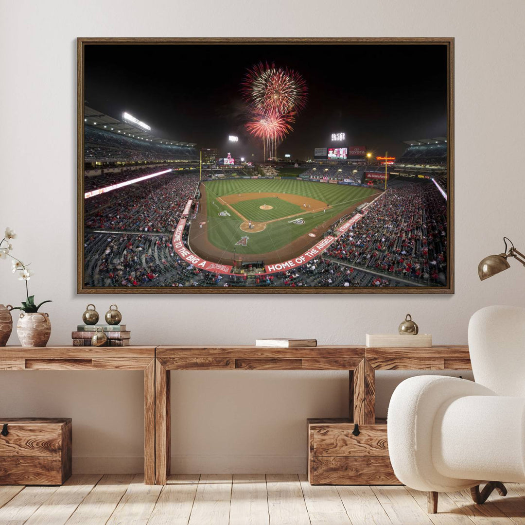 Fireworks at Angel Stadium – LA Angels Night Game Canvas Print, framed and ready to hang.