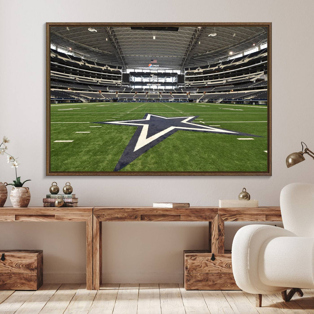 AT&T Stadium Dallas Cowboys Canvas Print displayed above a dining table.