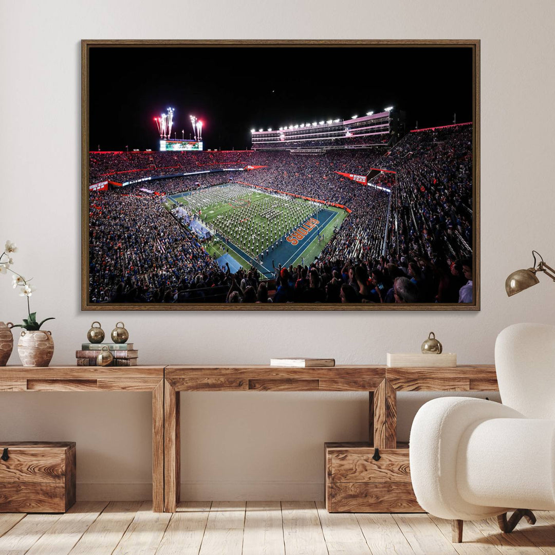 The Gators Night Game Canvas Art captures a lively night at Ben Hill Griffin Stadium with vibrant fireworks and the energy of a live band.