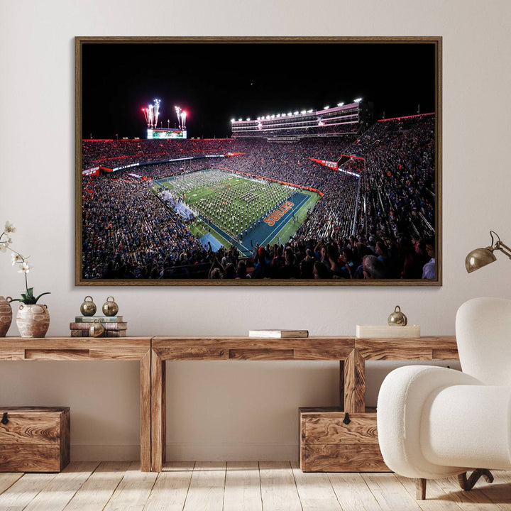 The Gators Night Game Canvas Art captures a lively night at Ben Hill Griffin Stadium with vibrant fireworks and the energy of a live band.