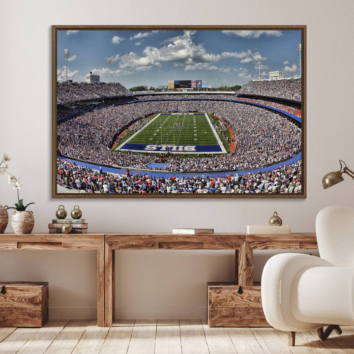 Our Buffalo Bills Game Day Canvas captures a vibrant scene at Highmark Stadium, with a lively crowd under a partly cloudy sky.