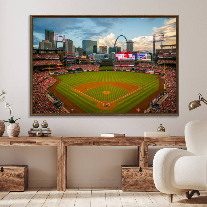 A Busch Stadium canvas print featuring a cityscape, ideal for enhancing living room or man cave sports decor.