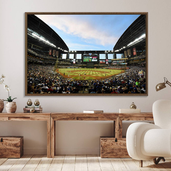 The wall art is an Arizona Diamondbacks Baseball Print depicting a packed Chase Field Stadium under a clear blue sky.