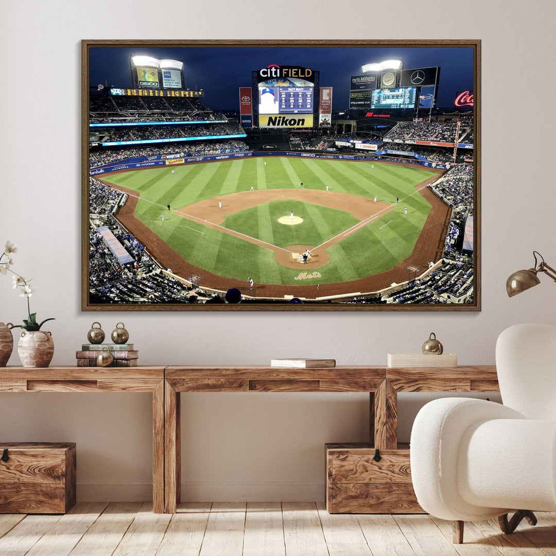 The wall is adorned with a 3-panel Citi Field Wall Art Print, framed for sports-themed decor.