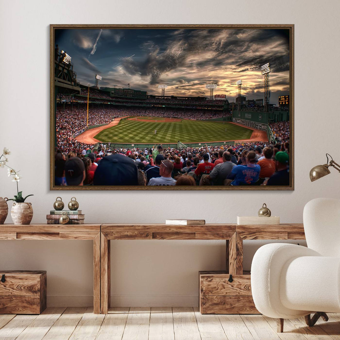 Boston Red Sox canvas print of Fenway Park at sunset, ideal for sports fans.