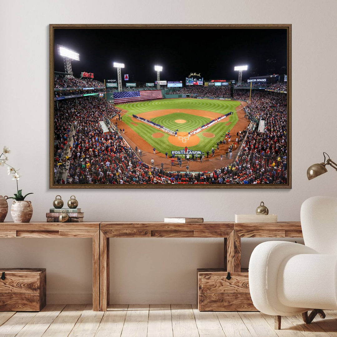 The Fenway Park Wall Art Canvas Print showcases a stunning aerial view of Bostons iconic ballpark at night, making it an ideal piece for any Red Sox enthusiast.