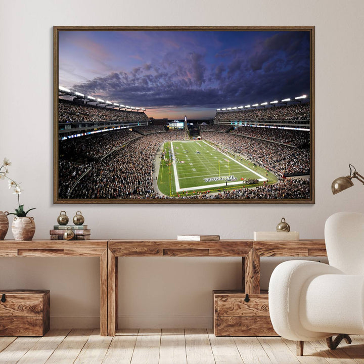 A large New England Patriots Foxborough Gillette Stadium wall art canvas print at sunset.