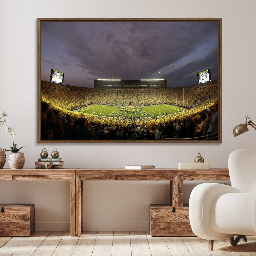 Michigan Stadium Wall Art Canvas Print of a night game by the Wolverines.