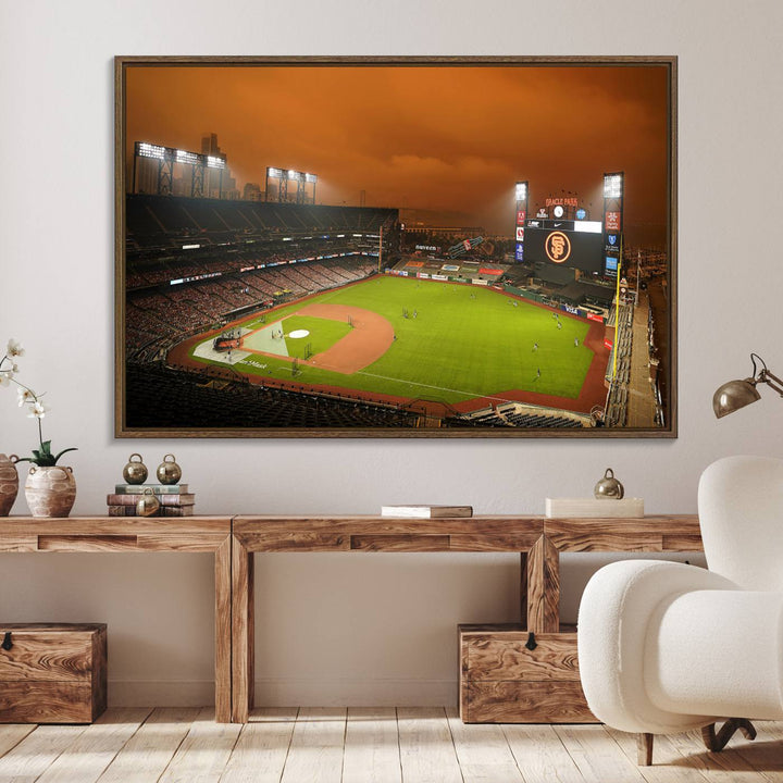 A canvas depicting an Oracle Park game with an orange sky, from SF Giants Stadium Wall Art.