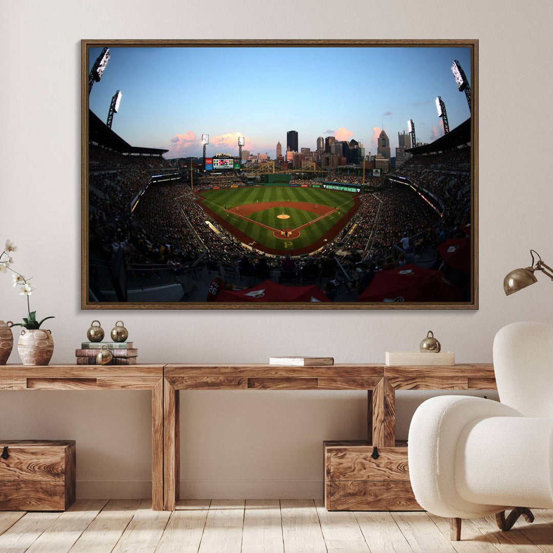 The PNC Park Evening Game Canvas, featuring a skyline backdrop, is displayed on the wall.