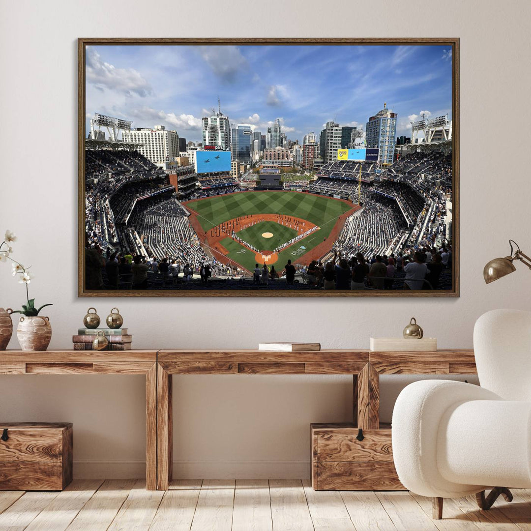 The San Diego Padres Baseball Canvas Print of Petco Park enhances the modern kitchen-dining area.