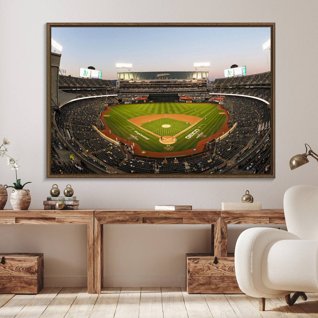 Oakland Athletics wall art canvas featuring the interior of RingCentral Coliseum Stadium.