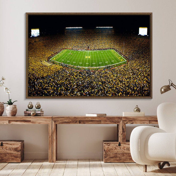 Aerial view of Michigan Stadium night game, ideal for Michigan Wolverines Football Team displayed on a triple canvas wall art.