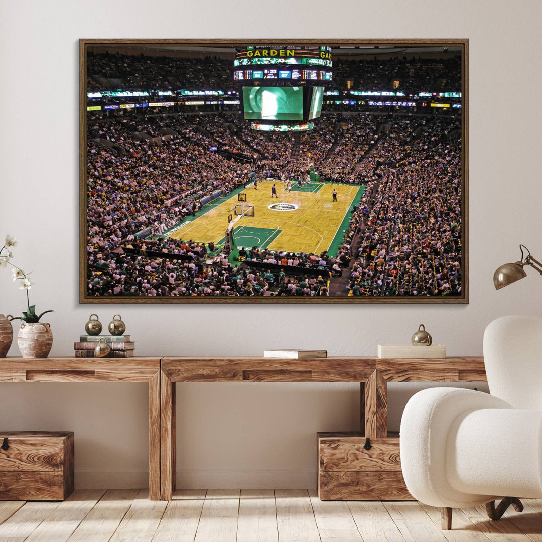 A vibrant depiction of a TD Garden basketball game is beautifully captured in the Boston Celtics Triple Canvas Wall Art, which comes framed and ready to hang.