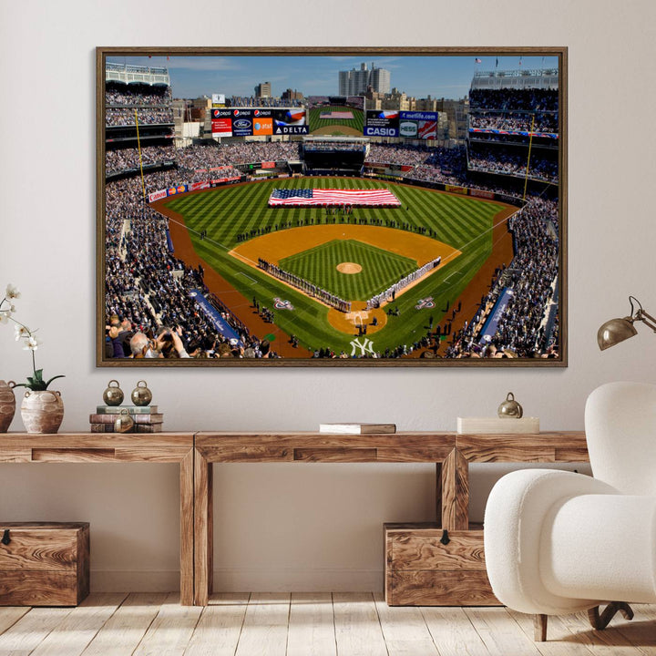 The Yankee Stadium New York wall art print features a vibrant scene of baseball fans with a large flag and players, expertly capturing the spirit of the game. This ready-to-hang décor is perfect for adding a dynamic touch to any space.