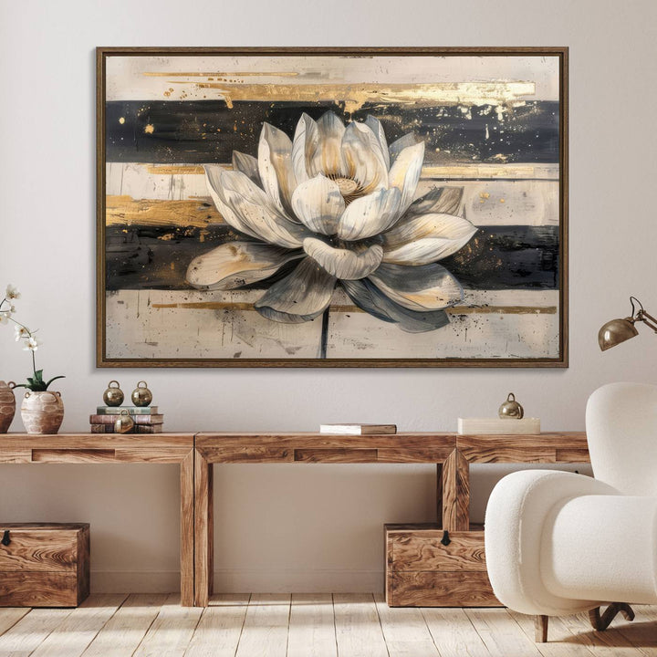 The wall is adorned with an Abstract Lotus Flower Wall Art Canvas Print.