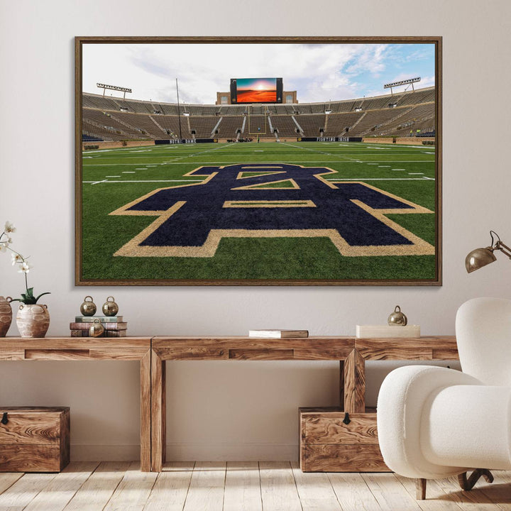 Notre Dame Stadium Triptych: This ready-to-hang giclee canvas print features a vibrant depiction of the football field adorned with an A logo and a stunning sunset.