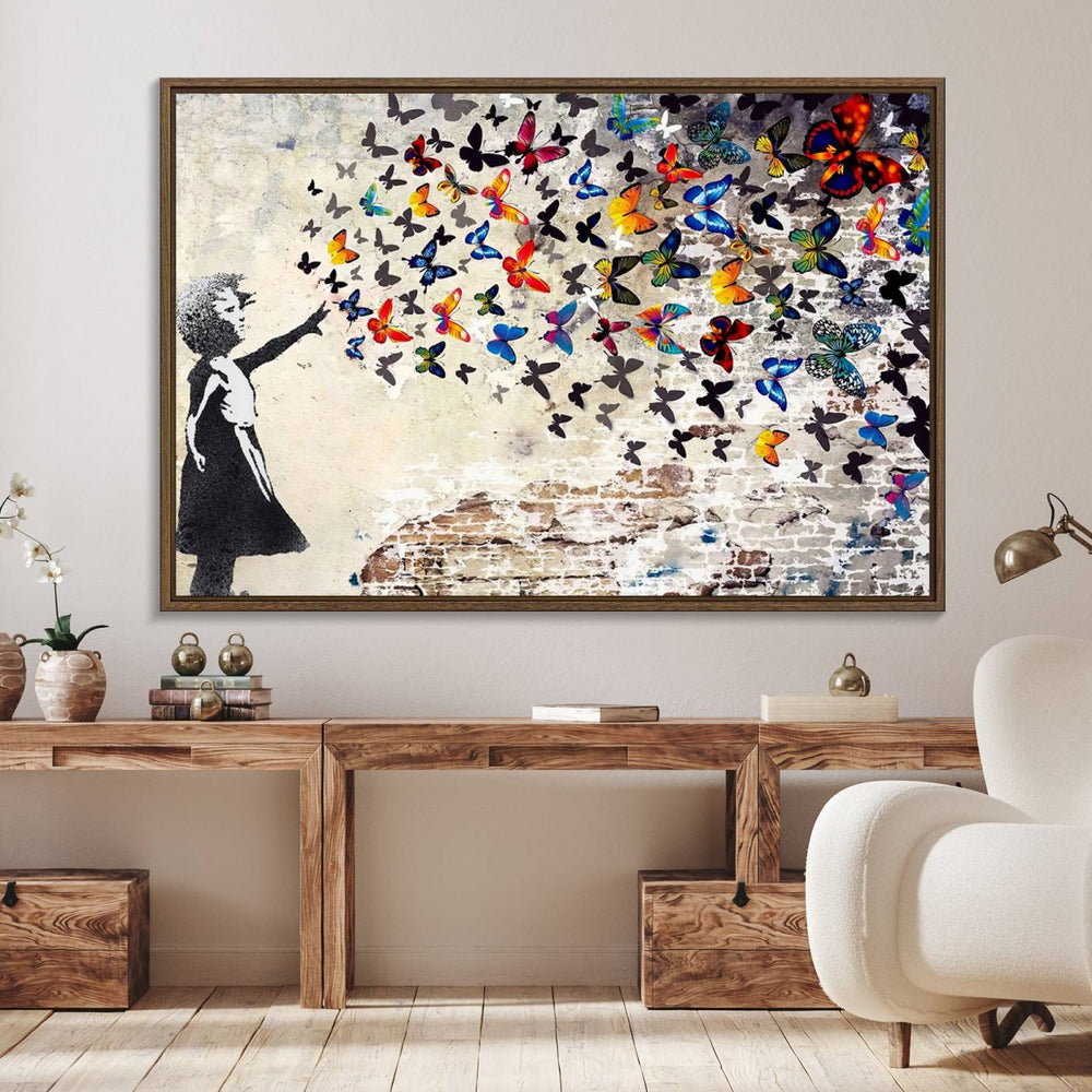 Banksy Canvas: Girl Releasing Vibrant Butterflies, Ready to Hang.