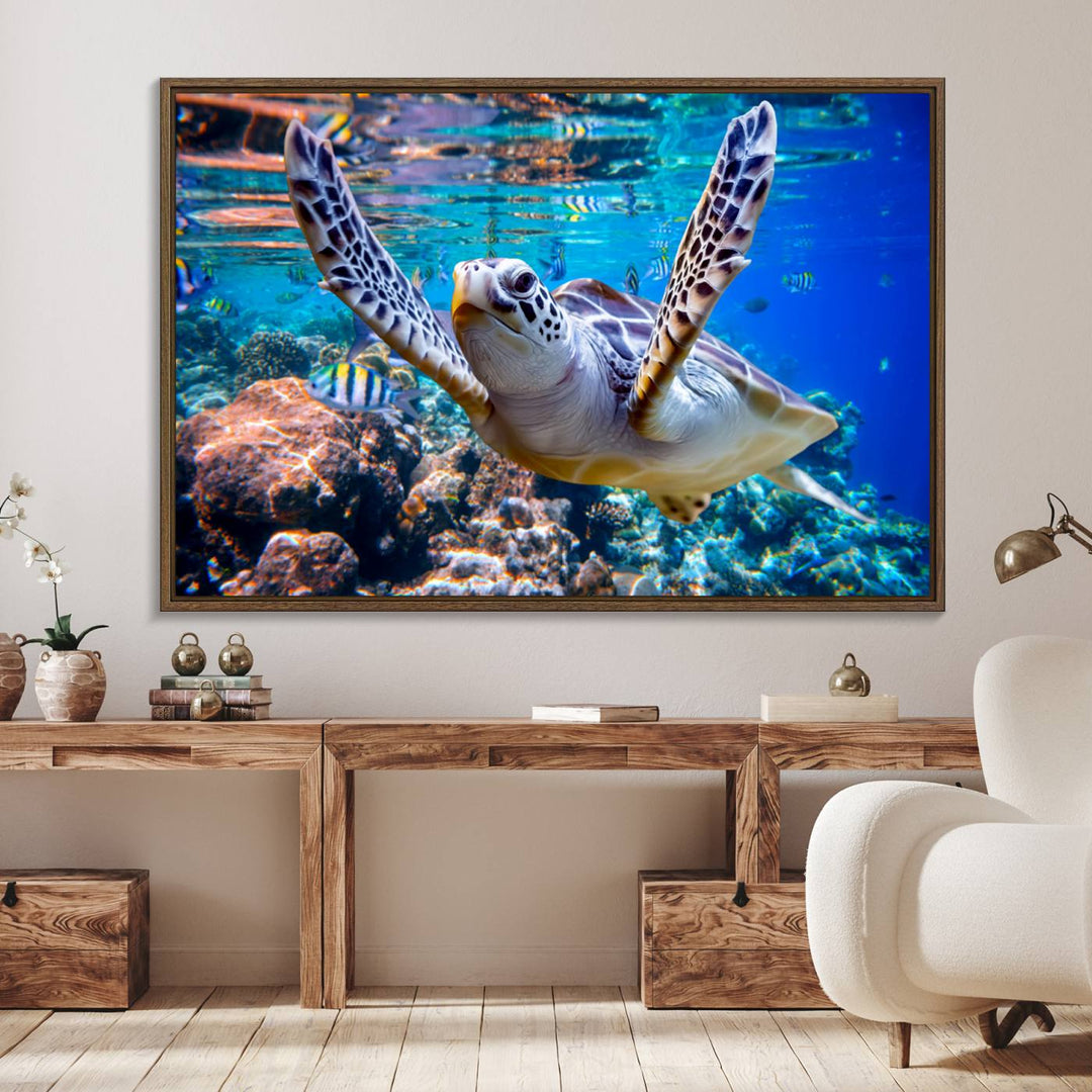 The Underwater Sea Turtle Wall Art Canvas Print serves as vibrant ocean décor, enhancing the kitchen with its stunning depiction.