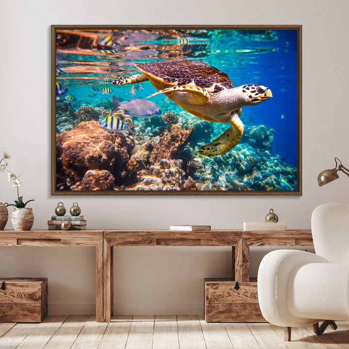 A Sea Turtle Wall Art Canvas Print features a colorful turtle swimming among coral. This artwork is ready to hang.