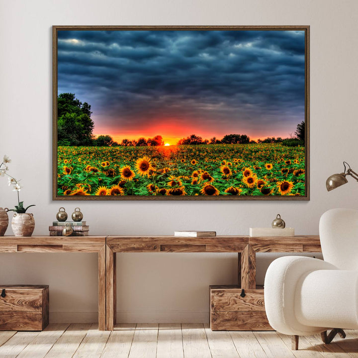 A Golden Sunflower Field at Sunset ready-to-hang wall art canvas print.