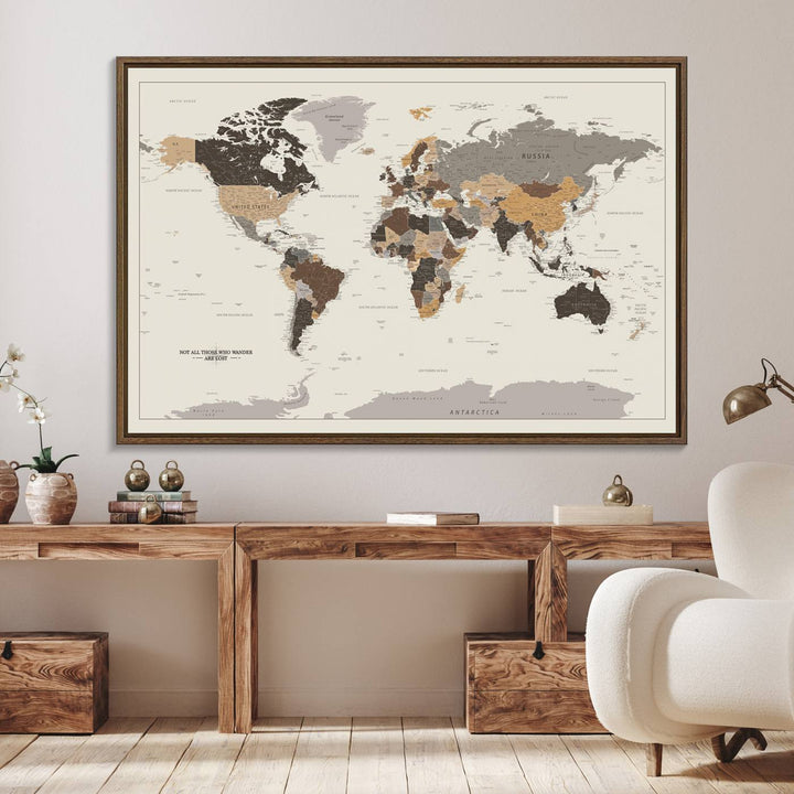Antique-style world map canvas print with Not all those who wander are lost, perfect for vintage decor.