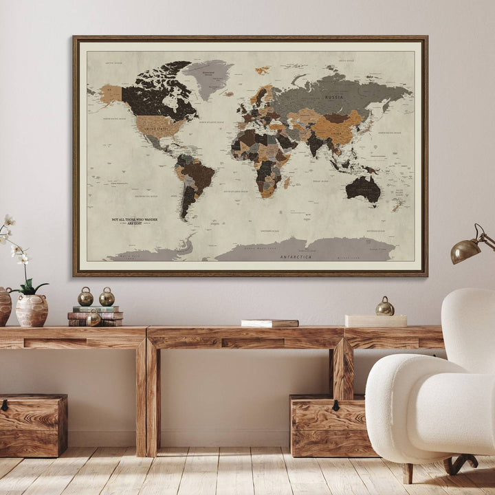A vintage world map on beige canvas, featuring countries in brown and black shades.