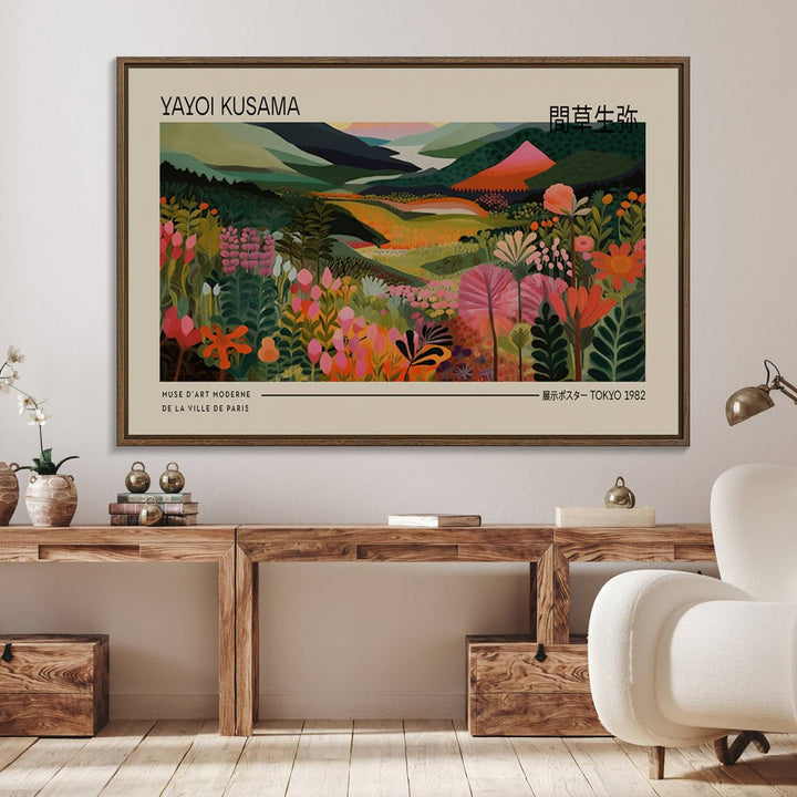 A Yayoi Kusama Landscape Canvas Print brightens the wall with vibrant floral and mountain art.