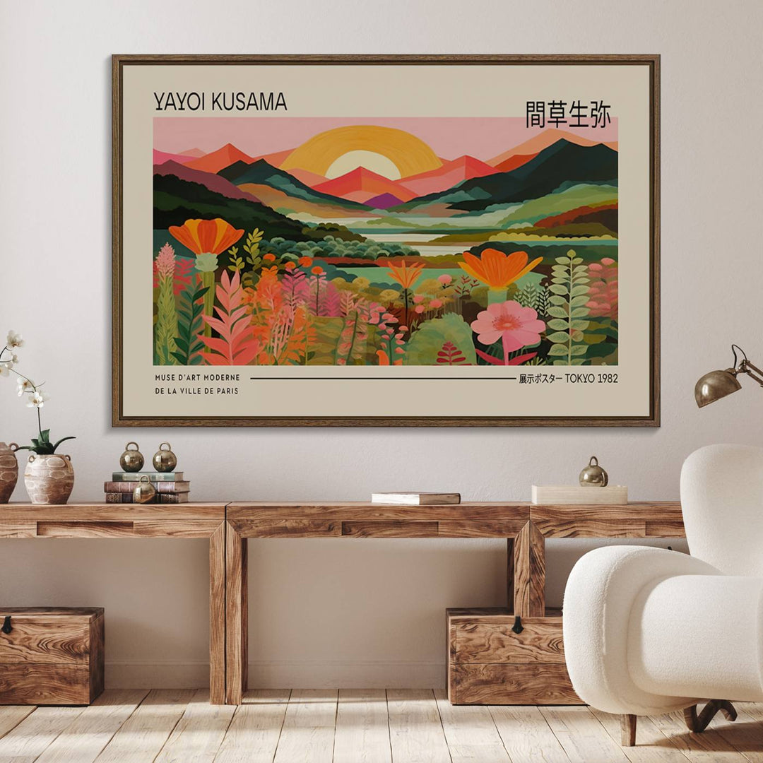 A Yayoi Kusama landscape print and an antique world map enhance the dining area.