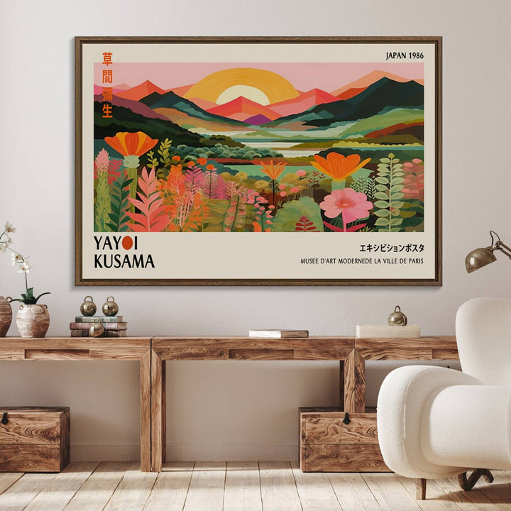 The Yayoi Kusama Landscape Canvas Print, featuring vibrant floral mountains and sunset scenery, enhances the room.