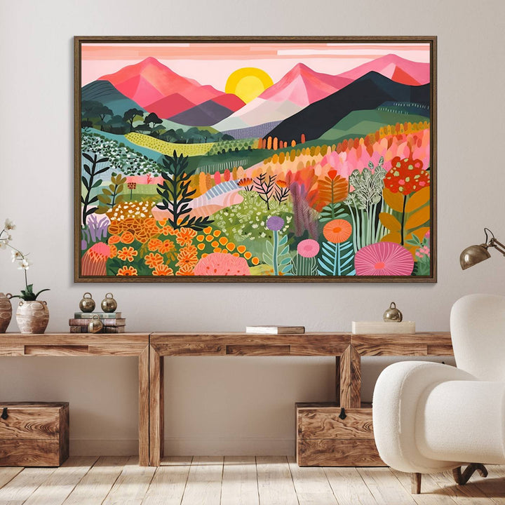 Vibrant abstract landscape canvas: Yayoi Kusama 1986 wall art print featuring mountains, sun, and flowers. Ready-to-hang.