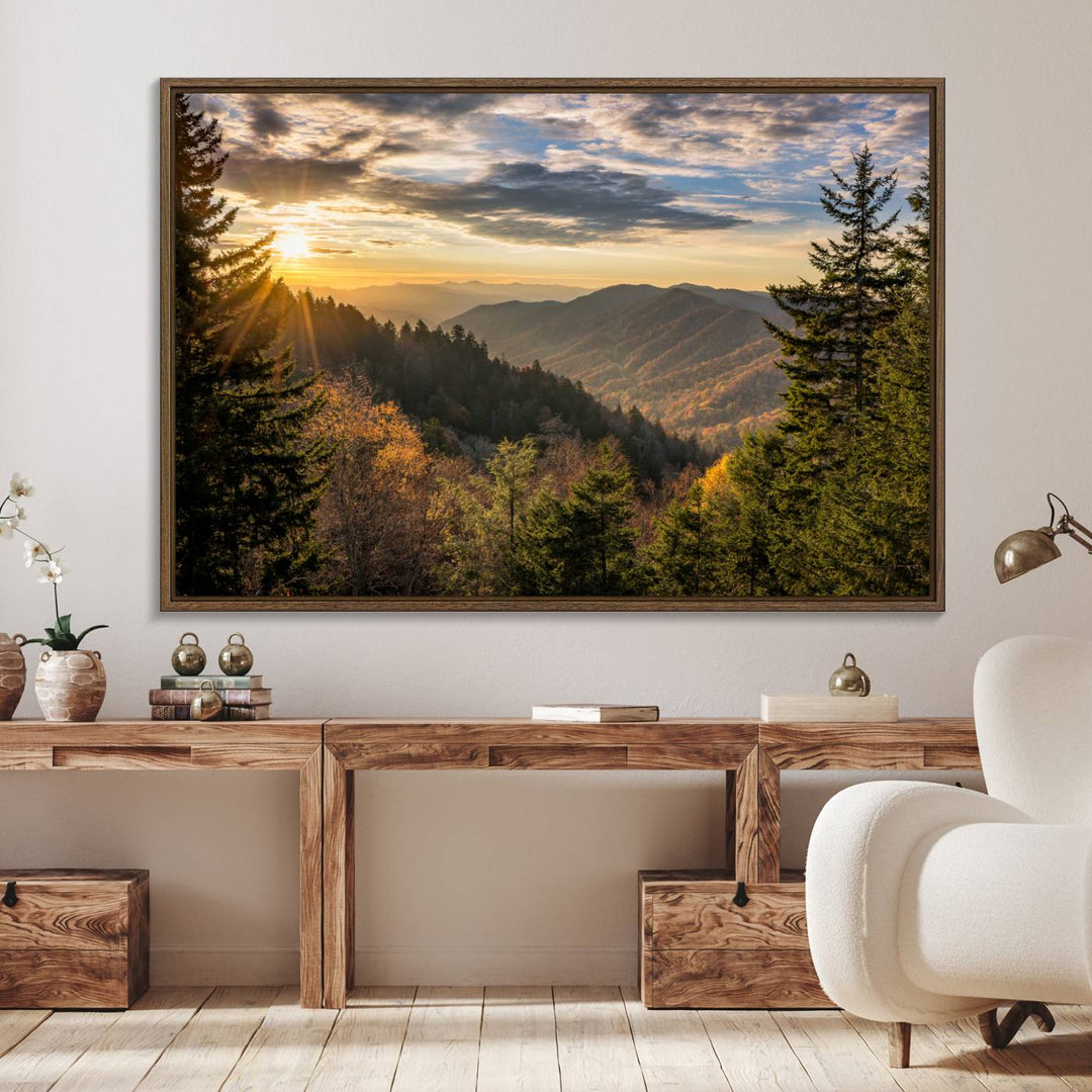 A triptych canvas titled Sunrise Over the Smoky Mountains adorns the wall.