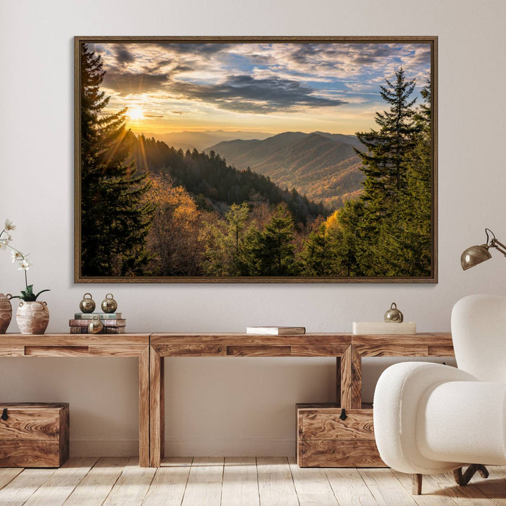 A triptych canvas titled Sunrise Over the Smoky Mountains adorns the wall.