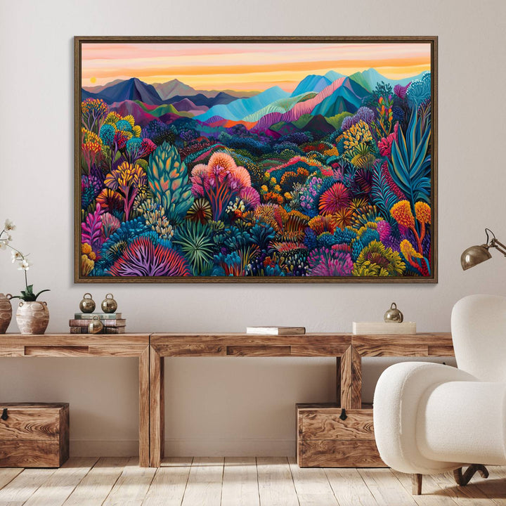A colorful abstract wall art print canvas adorns the space.