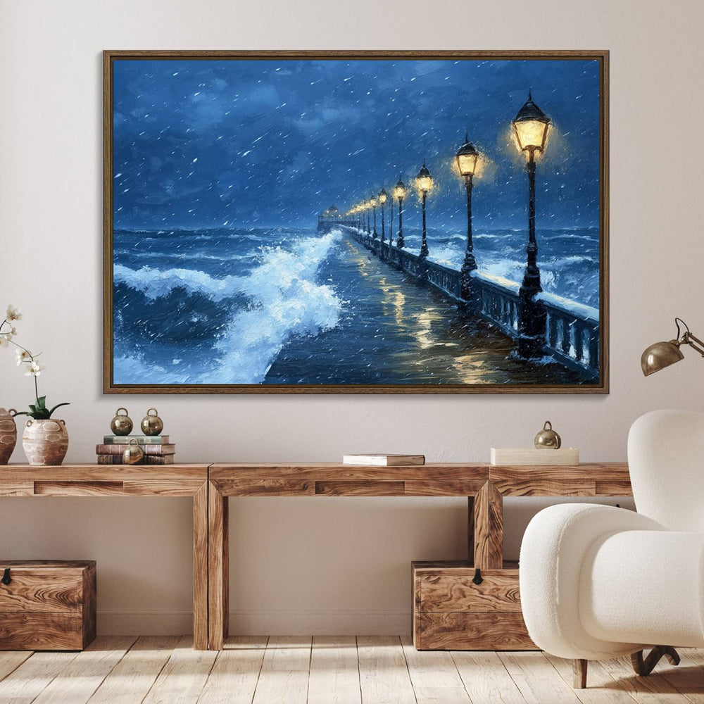 The living room features the Stormy Ocean Pier Lights canvas wall art for illumination.