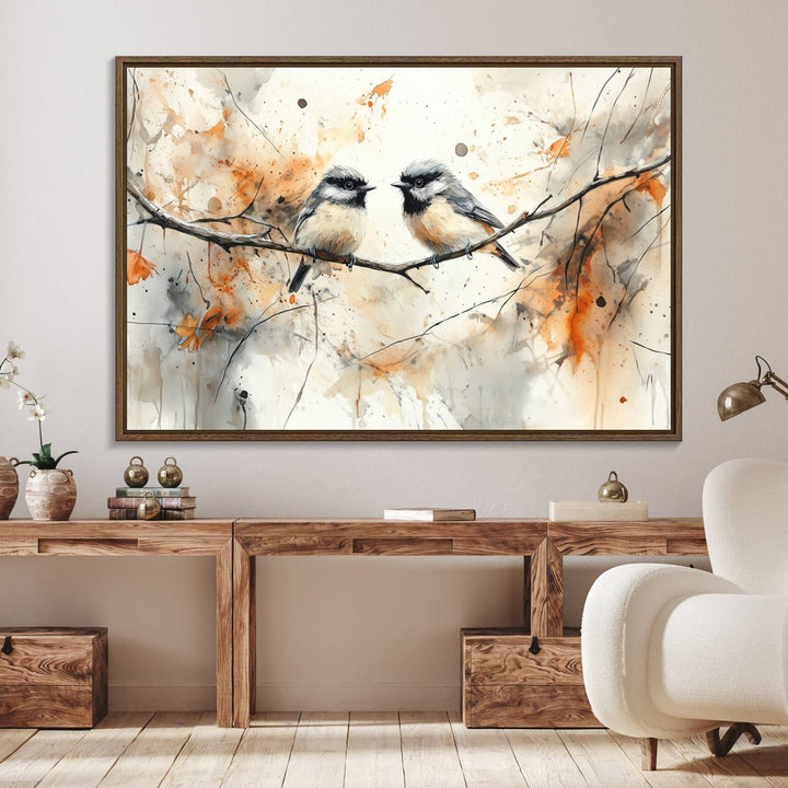The living room features abstract watercolor chickadee bird art on the wall.