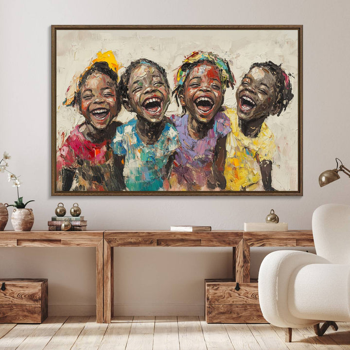 The Joyful Childhood Canvas Art by Shai Yossef, depicting kids laughing, is featured in the living room.