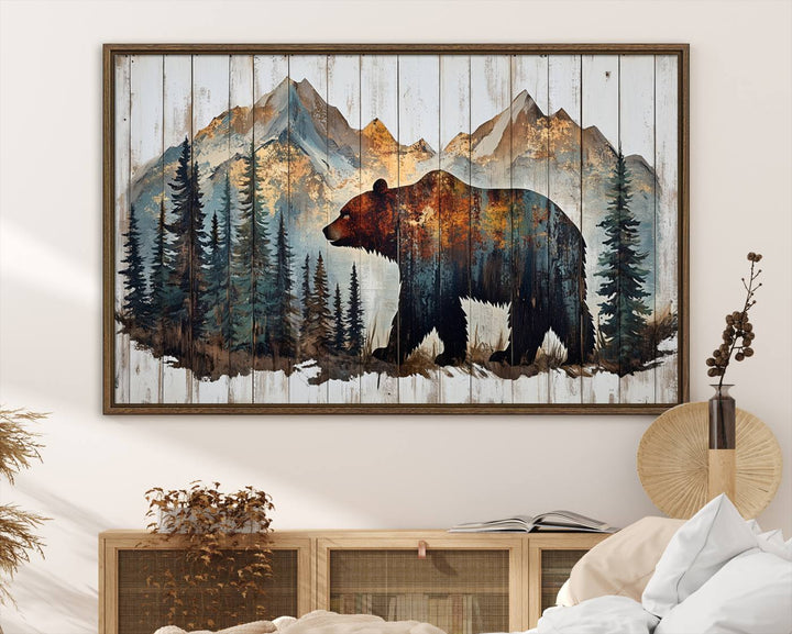 The Rustic Grizzly 399 Bear and Mountain Wood Canvas Wall Art elegantly depicts a majestic bear in a pine forest with mountain silhouettes, expertly framed on distressed wooden panels. This nature-inspired piece infuses charm and warmth, serving as perfect cabin wall decor.