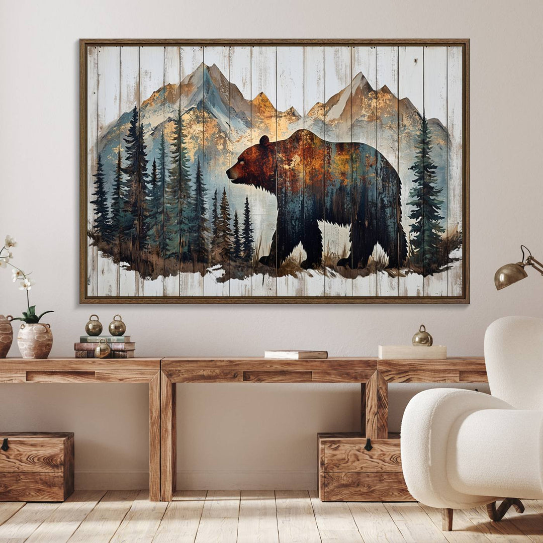 The living room features Rustic Grizzly 399 bear wall art, adding a cozy touch to the setup.