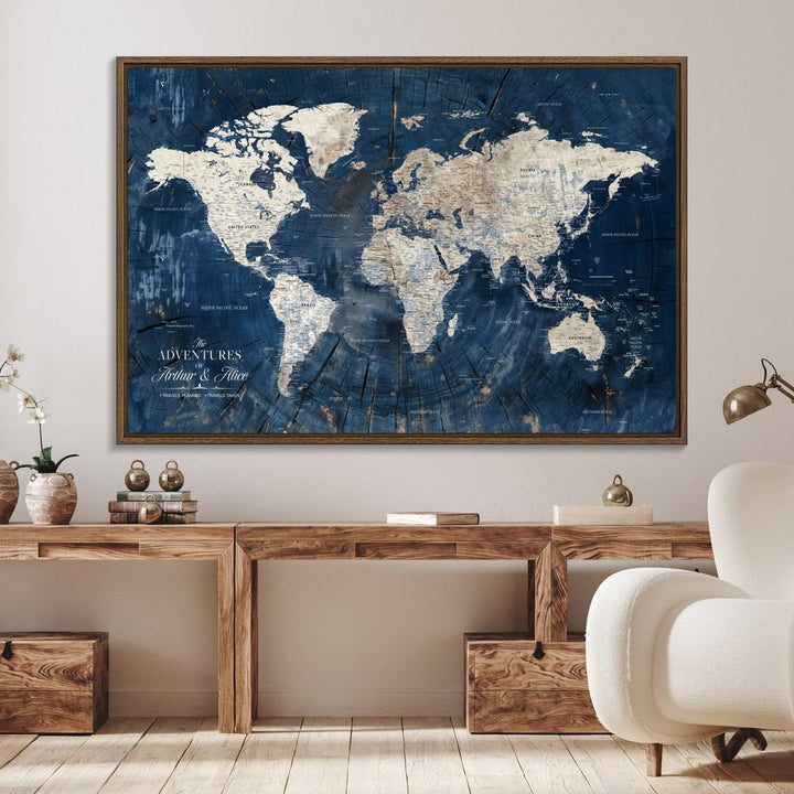 Personalized World Map Wall Art Print is displayed on a porch, with plants in the background.