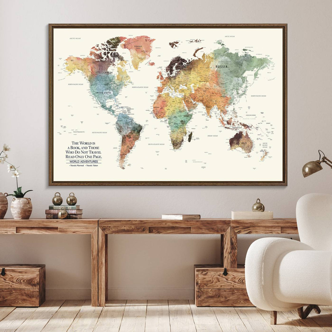 A colorful Personalized World Map Canvas Print, ideal as wall art for living room or office.