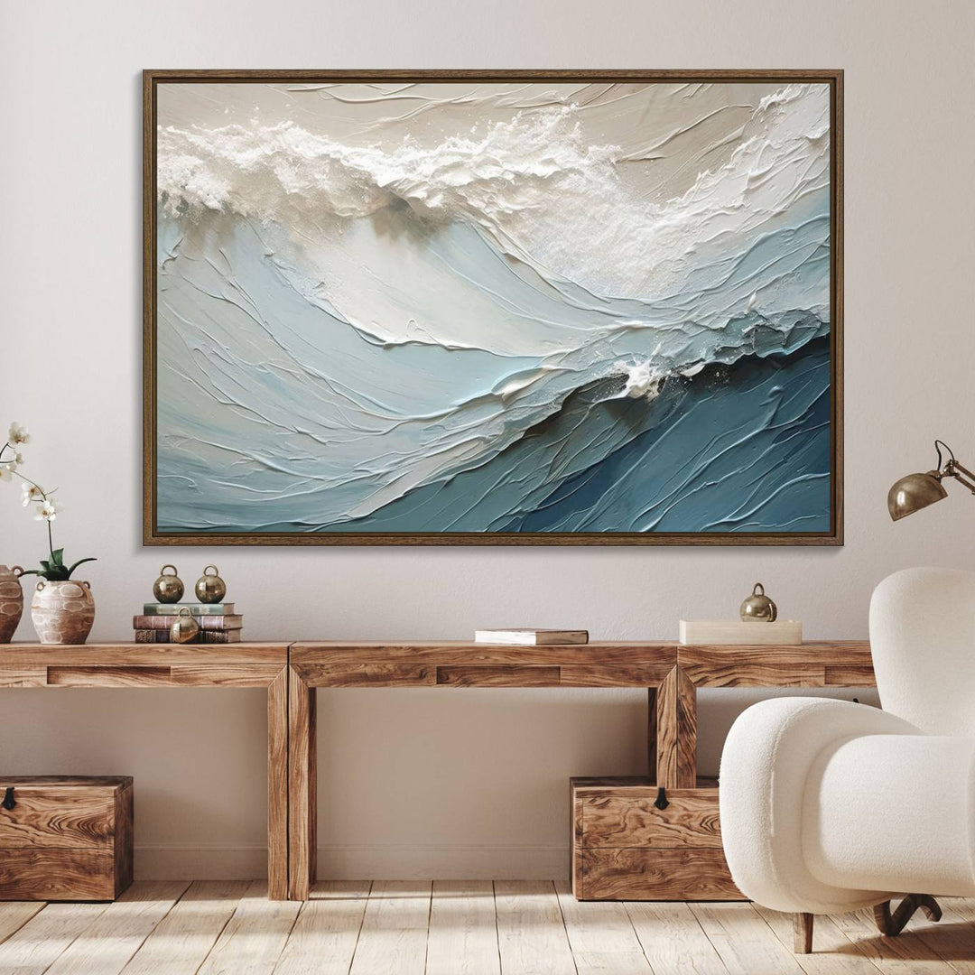 Waves Abstract Wall Art Print displayed on a porch with white siding.