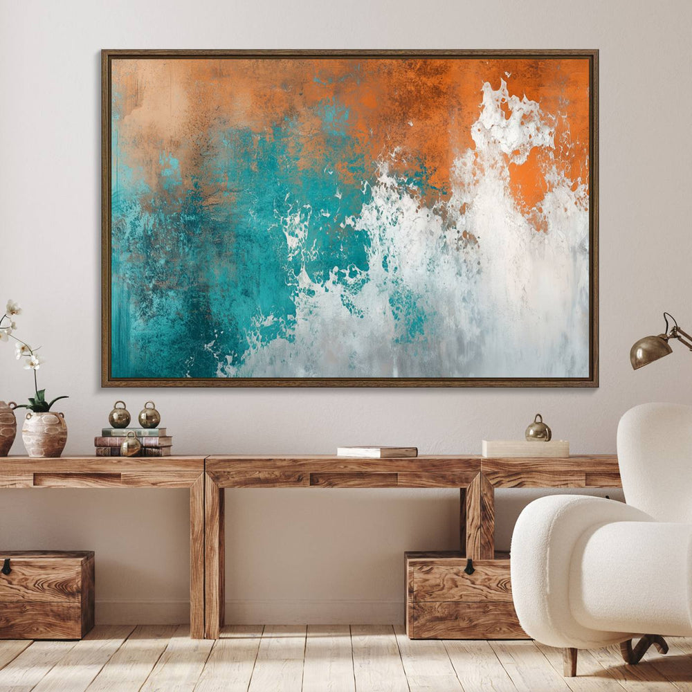 The Vintage Abstract Print - Bold Teal and Orange Canvas Wall Art is displayed on a porch.